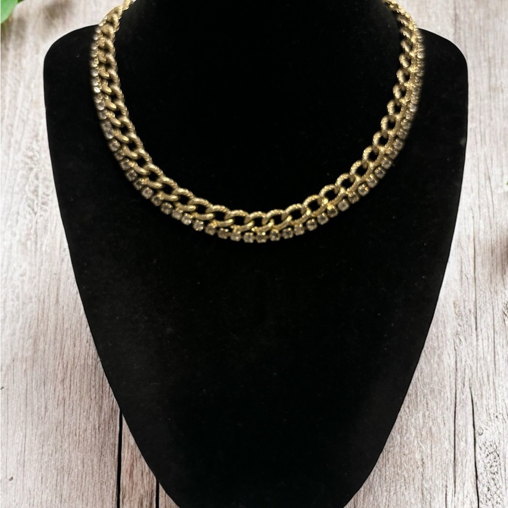 Vintage Textured Gold Tone Rhinestone Choker /Necklace 14”+3”